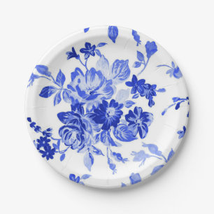 Vintage Blue and White Floral Pattern Paper Plate
