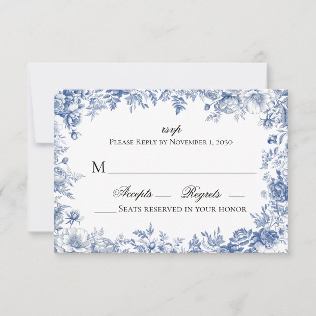 Vintage Blue and White Floral Wedding RSVP Card (Front)