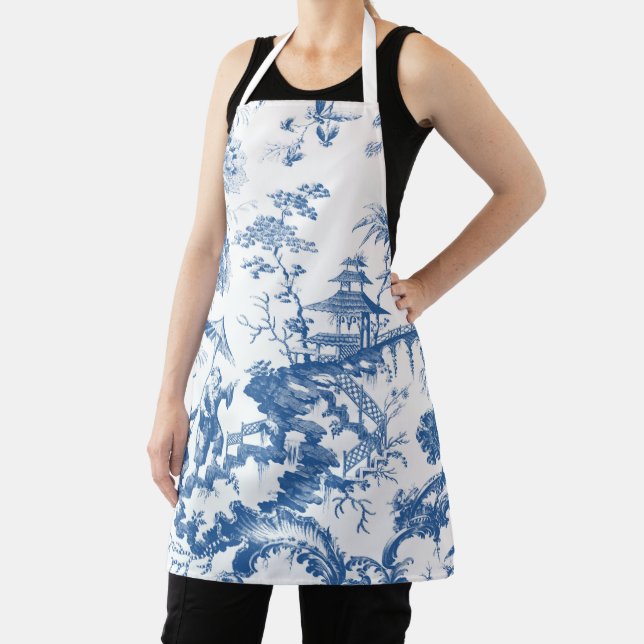 Vintage Blue and White Pagoda Chinoiserie Apron (Insitu)