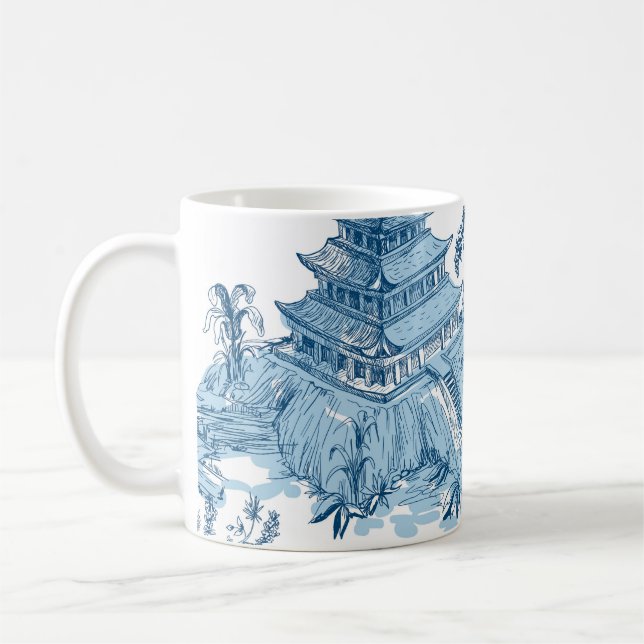 Vintage Blue and White Pagoda Chinoiserie Coffee Mug (Left)