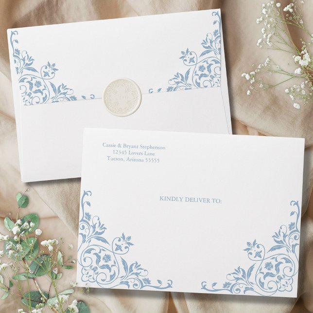 Vintage Blue and White Romantic Wedding Envelope (Personalized dusty blue and white elegant wedding envelopes for romantic vintage old money wedding)