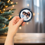Vintage Blue and White Snowflakes Christmas Photo Classic Round Sticker<br><div class="desc">Capture the magic of winter with our elegant vintage-inspired snowflake Round Christmas Stickers. Delicate snowflakes dance across a serene blue backdrop, creating a sense of calm and wonder. Add your favourite photo to personalise these cute additions to your gifts and letters. If you need assistance with the design or matching...</div>