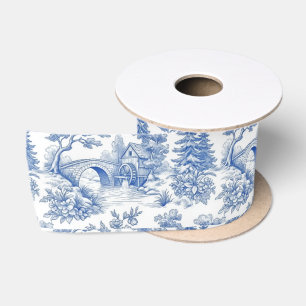 Vintage Blue and White Toile Landscape Satin Ribbon