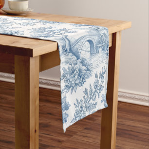 Vintage Blue and White Toile Landscape Short Table Runner
