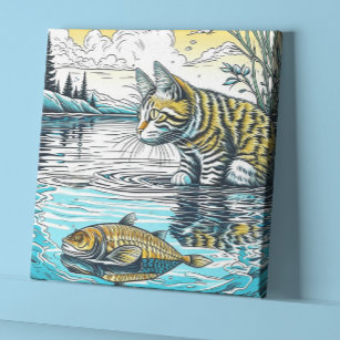 Vintage Blue and Yellow Cat and Fish Games Ai Art Canvas Print