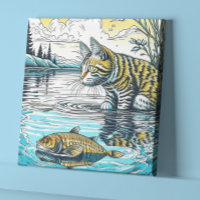 Vintage Blue and Yellow Cat and Fish Games Ai Art