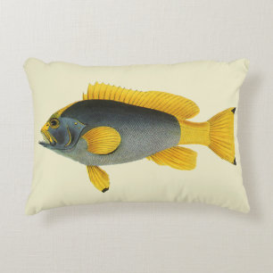 Vintage Blue and Yellow Grouper Fish, Marine Life Decorative Cushion