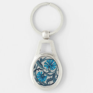 Vintage Blue Antique Flower art rustic Tile Decor Key Ring