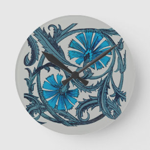 Vintage Blue Antique Flower art rustic Tile Decor Round Clock
