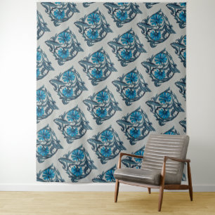 Vintage Blue Antique Flower art rustic Tile Decor Tapestry