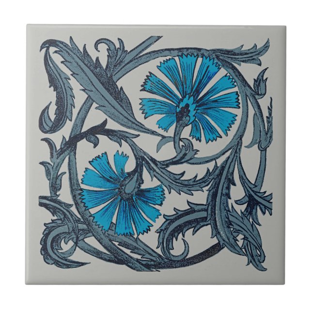 vintage blue antique flower arts crafts rustic tile (Front)