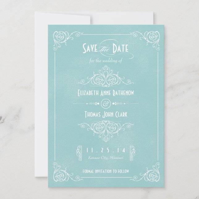 Vintage Blue Art Deco Save the Date (Front)