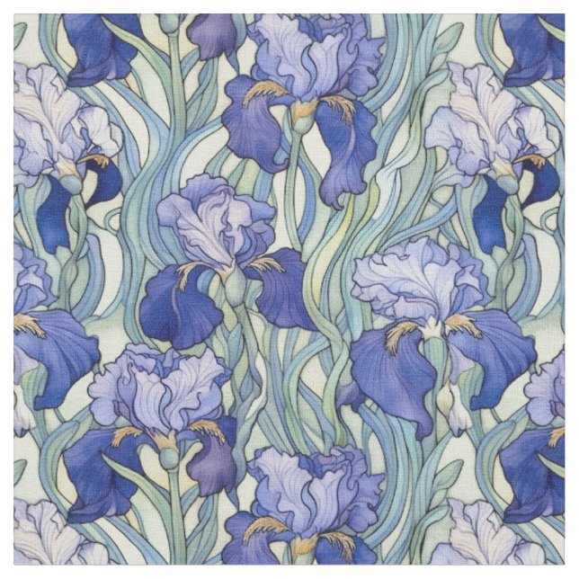 Vintage blue art nouveau iris fabric (Close Up)