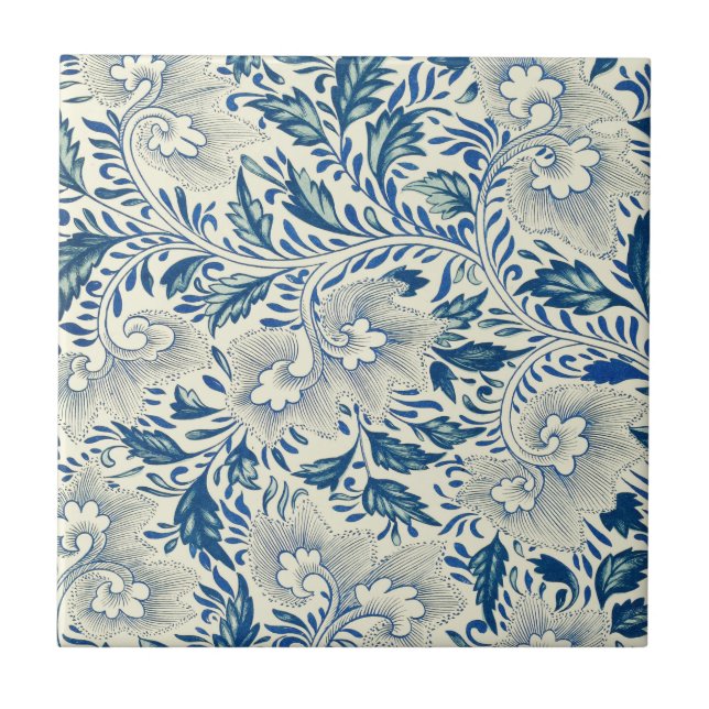 Vintage Blue Asian Floral: Antique Chinoiserie Tile (Front)