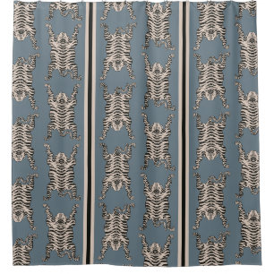 Vintage Blue Asian Tiger pattern Striped Shower Curtain