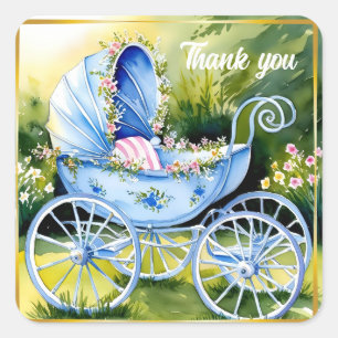 Vintage Blue Baby Carriage in Garden Bloom Square Sticker