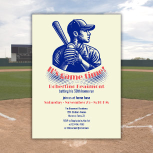 Vintage Blue Baseball Player Men's 50th Birthday Invitation