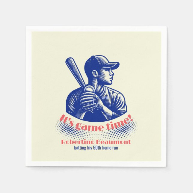Vintage Blue Baseball Player Men's 50th Birthday Napkin (Front)