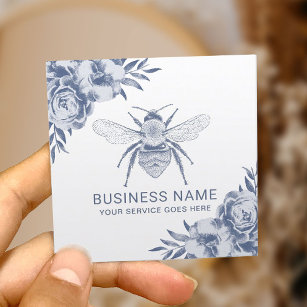 Vintage Blue Bee & Flowers Apiary Beekeeper Square Business Card