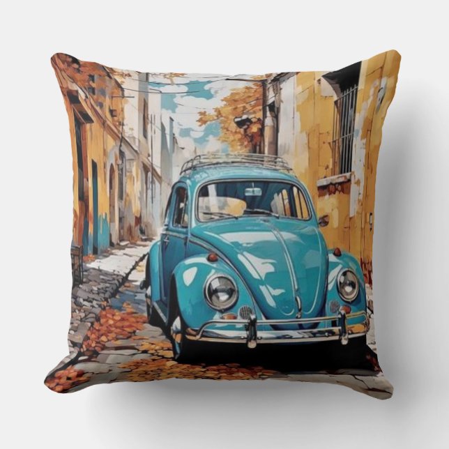 Vintage Blue Beetle Car Throw Pillow (Front)