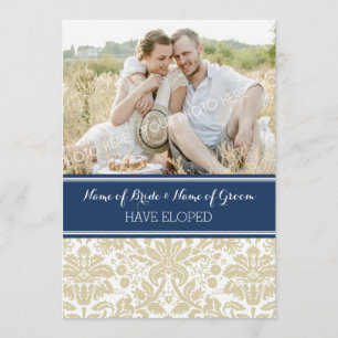 Vintage Blue Beige Damask Photo Elopement Cards