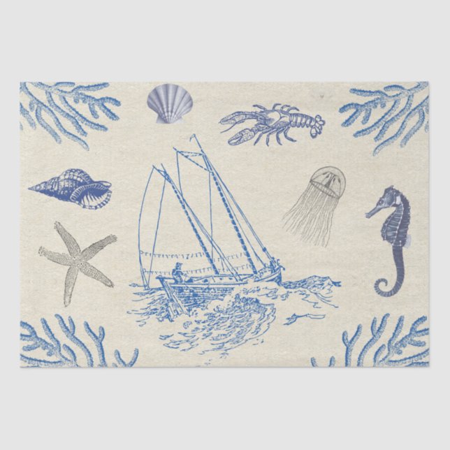 Vintage Blue Beige Marine Life on Antique Paper (Front)