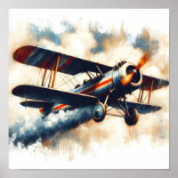 Vintage Blue Biplane Oil Painting