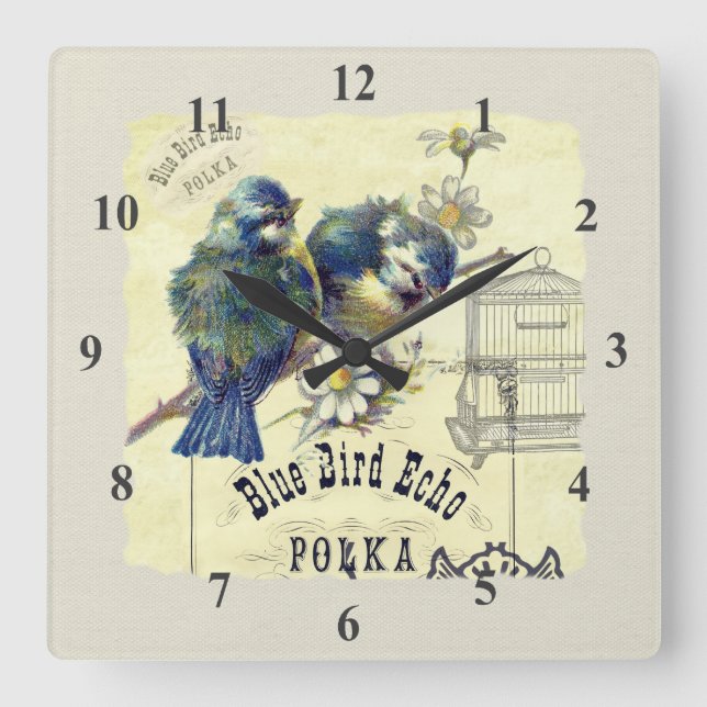 Vintage Blue Bird Birdcage Collage Square Wall Clock (Front)