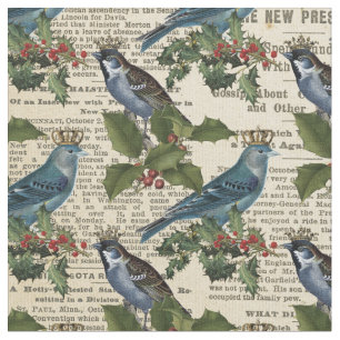 Vintage Blue Birds and Christmas Holly Berries Fabric