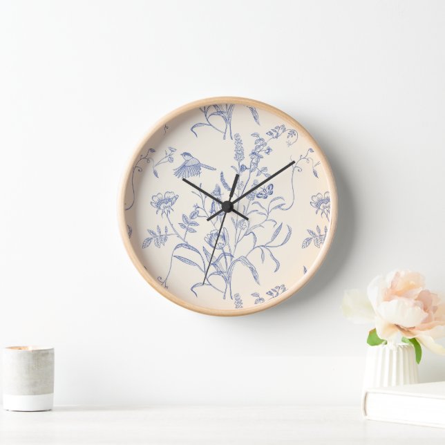 Vintage Blue Birds and Flowers Botanical  Clock (Home)