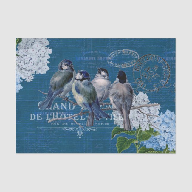 Vintage Blue Birds Flowers French Tissue Paper (Front)