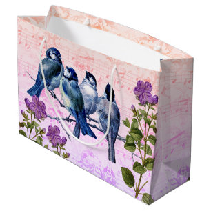 Vintage Blue Birds, Flowers, Peach/Purple Music Large Gift Bag