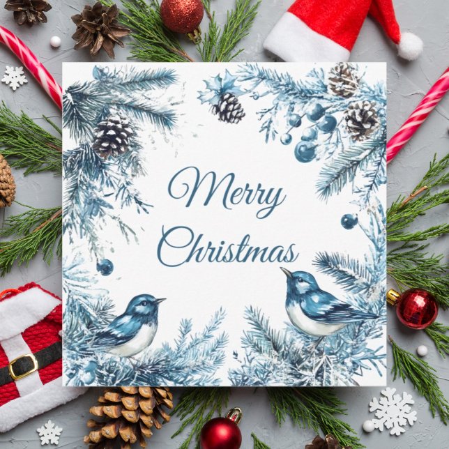 Vintage blue birds pine trees Christmas card (Creator Uploaded)