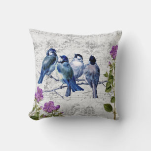 Vintage Blue Birds, Purple Flowers, Sheet Music Cushion