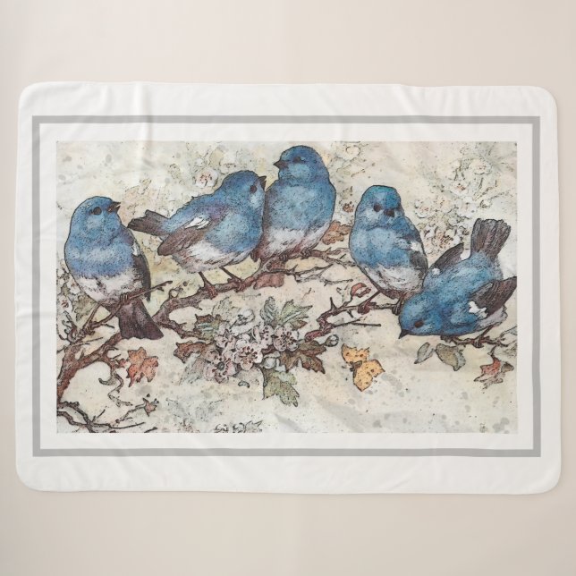 Vintage Blue Birds Sherpa Blanket (Front (Horizontal))