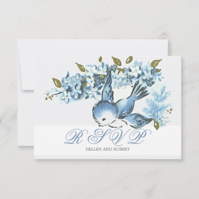Vintage Blue Birds Winter Wedding RSVP (Front)
