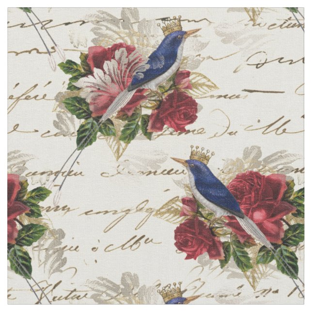 Vintage Blue Birds with Crowns and Roses Fabric (Close Up)