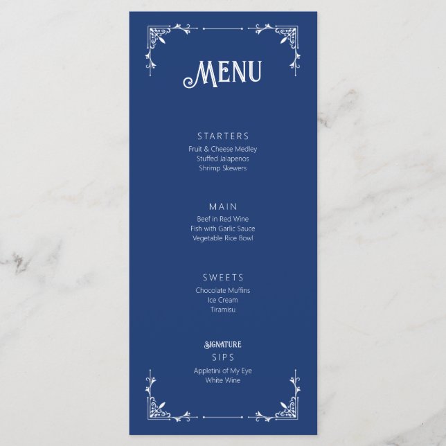 Vintage Blue Birthday Menu Flat Card  (Front)