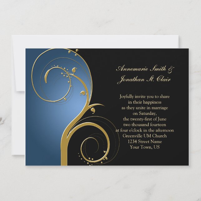 Vintage Blue Black and Gold Wedding Invitation (Front)