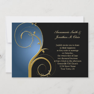 Vintage Blue Black and Gold Wedding Invitation