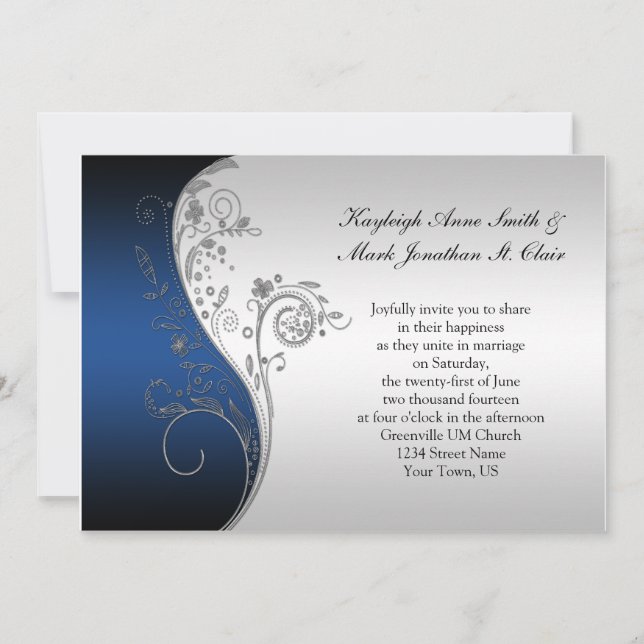 Vintage Blue Black and Silver Wedding Invitation (Front)