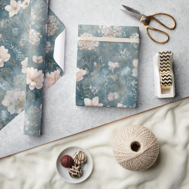 Vintage Blue & Blush Floral Wrapping Paper (Crafts)