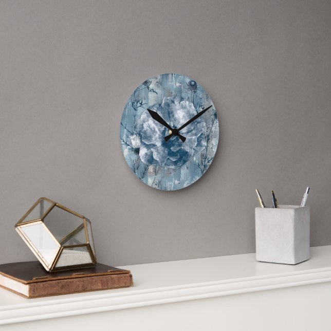 Vintage Blue Botanical Illustration Round Clock (Office)