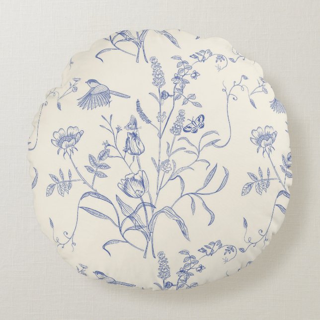 Vintage Blue Botanical Spring Round Cushion (Front)