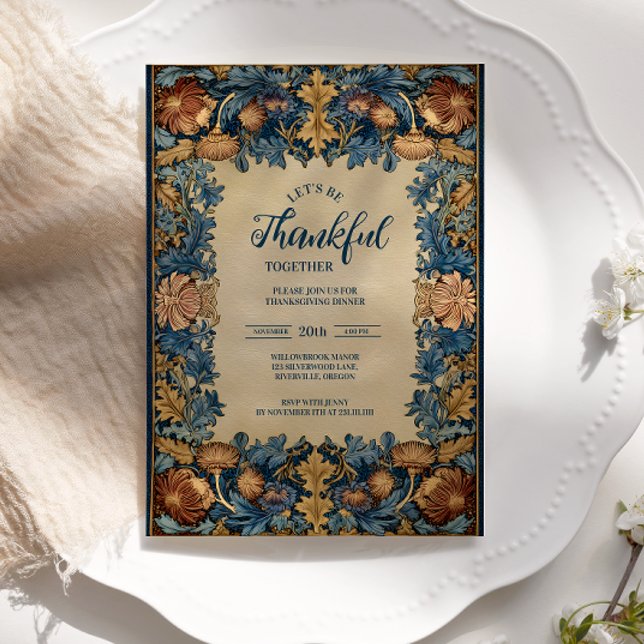 Vintage Blue Botanical Thanksgiving Celebration Invitation (Creator Uploaded)