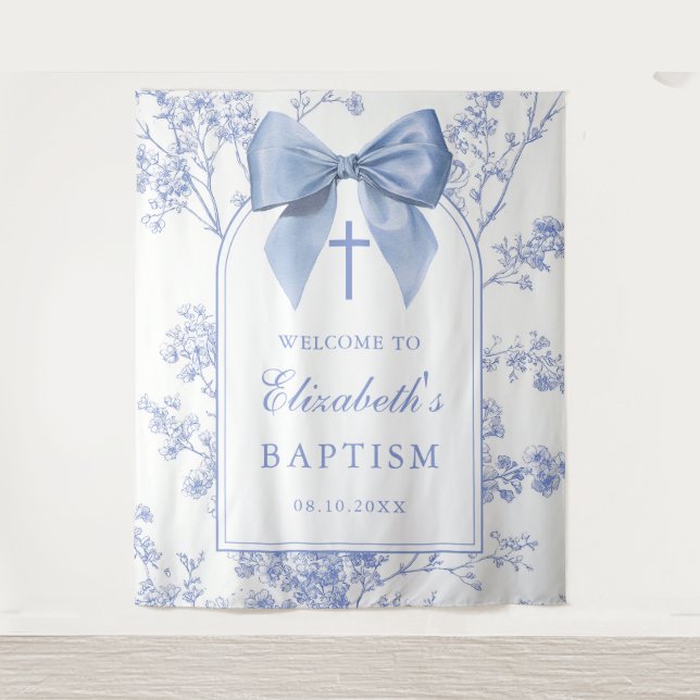 Vintage Blue Bow Baptism Photo Backdrop Tapestry (Front)