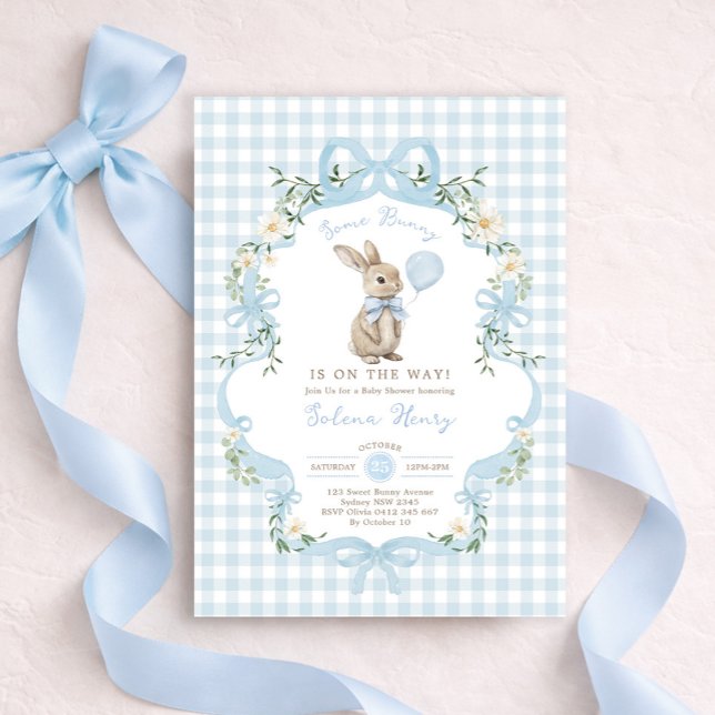 Vintage Blue Bow Bunny Boy Baby Shower Invitation (Creator Uploaded)
