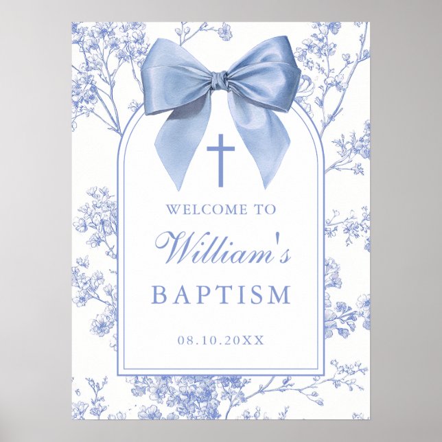 Vintage Blue Bow Floral Baptism Welcome Sign (Front)