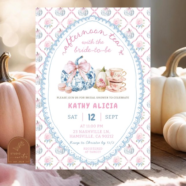  Vintage Blue Bow Toile tea bridal shower Invitation (Creator Uploaded)