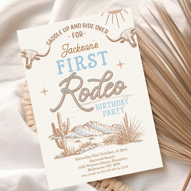 Vintage Blue Boys First Rodeo 1st Birthday  Invitation (Blue Vintage Boys My First Rodeo 1st Birthday Invitation Rope Heading Desert First Rodeo Invite)